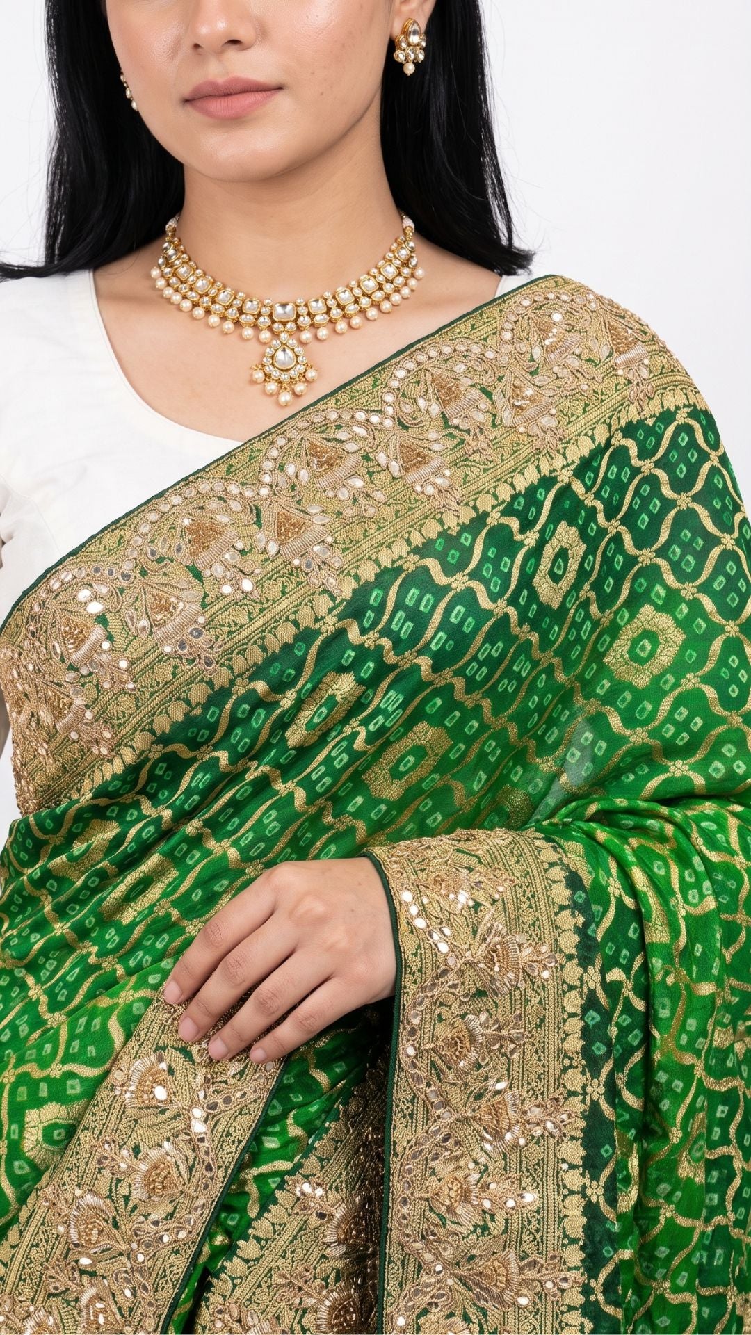 Green Pure Georgette Bandhej Unstitched Saree with Gota, Dabka & Dori Work